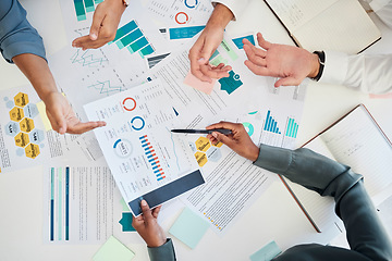 Image showing Digital marketing, hands and data analysis meeting for financial reports and branding for a startup company. Paperwork, charts and business people planning a global seo promotional campaign project