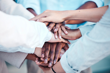 Image showing Diversity, business and hands together, for collaboration and support for group project. Closeup, partnership or solidarity for teamwork, team building or commitment for cooperation for planning