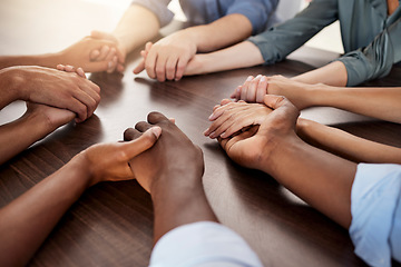 Image showing Diversity, hands holding and business partnership for support, motivation and teamwork. Friends connecting hand, collaboration together sharing success goal vision together and team building.