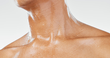 Image showing Body of man sweating from exercise, skin neck with water dripping or wet body cropped on white studio background. Sports person after workout shower, stress hyperhidrosis in men or sports healthcare