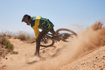 Image showing Mountain bike, dust and man cycling on dirt path for action, speed and travel adventure for sports fitness, exercise or workout. Athlete health, journey and bicycle cyclist training for marathon race