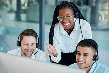 Image showing Call center, telemarketing and crm manager or coach training customer service consultant team in support, sales and ecommerce. Diversity, men and woman talking about contact us website feedback