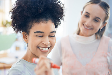 Image showing Leader, meeting and business women working on creative strategy for advertising company, collaboration on project and writing employee partnership for startup goal, target and mission with teamwork