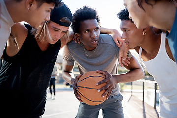 Image showing Basketball, team and huddle on basketball court in trust circle for motivation, planning and game strategy. Fitness, friends and basketball players share sport goal, mission and support while talking