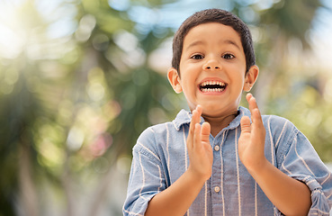 Image showing Happy, wow and boy clapping hands in in a park, excited and surprised by good news, nature and learning. Portrait, child and hands by kid face in shock, happiness and celebrating fun in a forest