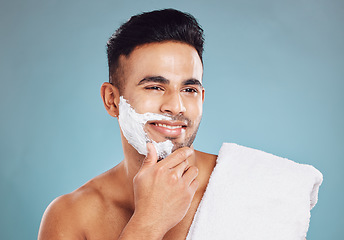 Image showing Man, shaving cream and healthy facial skincare grooming morning routine. Happy Indian person, cosmetic beard wellness cleaning treatment and body care hygiene for beauty cleansing lifestyle in studio