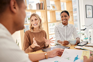 Image showing Business meeting, client presentation or b2b partnership deal of women talking in a office. Crm, corporate and working woman workers speaking about agreement communication working on a strategy