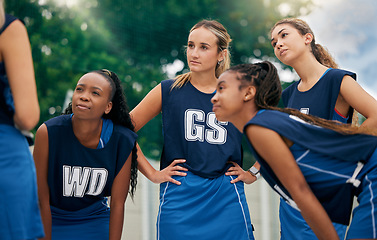 Image showing Teamwork, netball and women in a huddle for motivation, team building and planning a strategy in a sports game. Fitness, mindset and young athletes talking or speaking of goals in a training workout