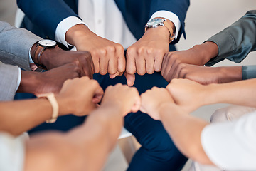 Image showing Hand, Fist or diversity business men and women teamwork together in mission, trust or goal in top view. Hands of business people support, team building or strategy meeting in corporate global success