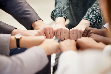 Image showing Fist bump, office teamwork and diversity of hands together for business and team support. Team building, community and collaboration success hand sign of company worker staff group about to work