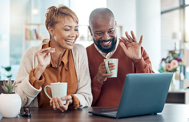 Image showing Video call, laptop and happy senior couple smile, relax and excited to connect, wave and talk online at table. Black family, tea and videocall in kitchen, drinking coffee and relaxing in their home