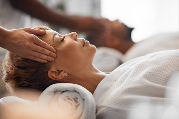 Image showing Relax woman, head massage and couple spa beauty, facial wellness and luxury zen therapy for stress relief. Salon therapist touch face, scalp and healing sleeping female for peace, skincare and calm