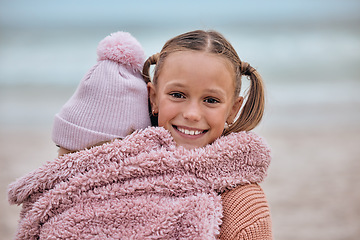 Image showing Young children, hug and happy in nature outdoors for travel vacation or summer holiday together. Happiness, love and kids smile or best friends bonding, siblings and fun youth friendship relationship