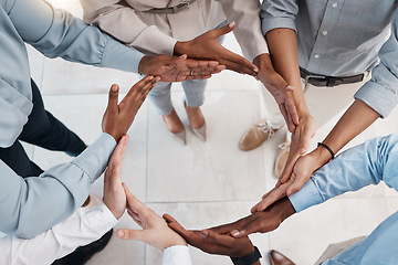 Image showing Teamwork, workflow and synergy hands of business people team building together for support, network and trust. Integration circle sign of diversity group for support, connection and cooperation above