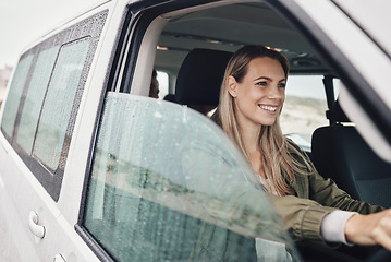 Image showing Travel, driver and woman in a modern campervan in Mexico, smile and relax while driving through the countryside. Transport, happy and lady enjoying a solo trip, excited and enjoying independence