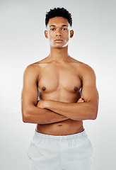 Image showing Fitness, sports and portrait of shirtless man with body positive mindset, motivation for healthy lifestyle in Brazil. Exercise, gym and health workout, young mma fighter in studio on white background