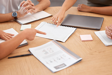 Image showing Documents, paperwork and pointing hands in business meeting with papers on desk. Teamwork, collaboration and business people in discussion, planning and working on strategy, analytics and project