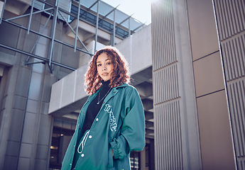 Image showing Fashion, urban and portrait of a woman on travel holiday with buildings in the city in Turkey. Young, stylish and outdoor fashion model with designer, luxury and street clothes on a vacation