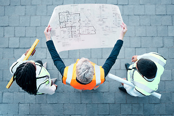 Image showing Architect, team and construction blueprint above for building, planning or structure layout to work on site. Business people in architecture with industrial floor plan in teamwork for company project