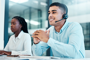 Image showing Call center, customer service and support with a man consultant using a headset in his office at work. Communication, crm and contact us with a male consulting while working in telemarketing