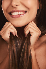 Image showing Beauty, hair and cosmetic, hair care and woman with healthy and strong locks, clean and shine in close up. Salon style, wellness and model smile, hairstyle and teeth in cosmetology advertising