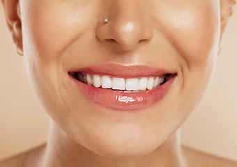 Image showing Skincare, teeth and woman face, beauty and natural dental veneers in studio background. Oral health, healthcare or woman model happy mouth with clean tooth hygiene or healthy dental care with zoom in