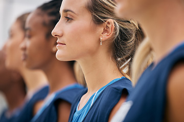 Image showing Woman basketball, line before match and diversity team for fitness sport together at game. Sports women teamwork, multicultural athlete people and netball collaboration ready for competition at arena