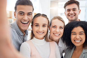 Image showing Selfie, friends or teamwork with a business man and woman group posing for a picture in an office together. Meeting, success and collaboration with a male and female employee team taking a photograph