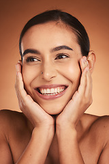 Image showing Skincare, beauty and woman excited about skin, health and dermatology cream or natural makeup cosmetics with a smile. Happy female model in studio for wellness, self care or detox facial with a glow