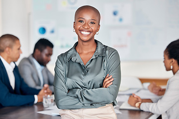 Image showing Lerder, manager and ceo happy with planning, meeting and company development while team discussing work. Portrait of black woman, boss and mentor in workshop, training or coaching in marketing office