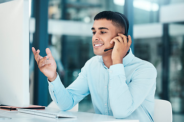 Image showing Computer, telecom communication and telemarketing consultant working on sales pitch conversation. Contact us help desk, customer service or call center man with microphone consulting for tech support