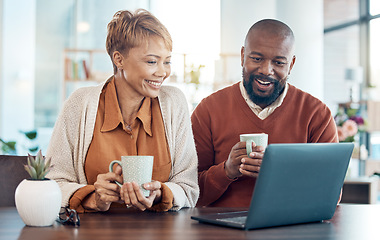 Image showing Laptop, coffee and couple video call using online 5g internet technology live communnication. Happy man, woman smile and drink warm tea speaking to international family or friends on digital device