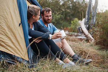 Image showing Friends, camping tent and drink coffee together morning routine before hike. Relax family conversation, calm man and woman with warm tea or couple on nature travel vacation relaxing outdoor lifestyle