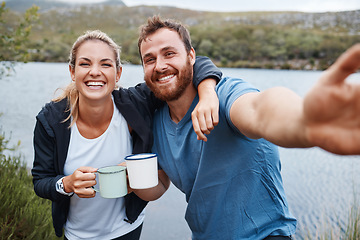 Image showing Happy, couple and smile for travel selfie, coffee or journey together in the countryside outdoors. Portrait of man and woman enjoying vacation, traveling or bonding time for capture moments in nature