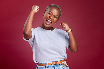 Image showing Celebration, black woman and excited person showing happiness and winner feeling. Winning motivation, achievement and happy smile of a female win with a celebrate victory feeling from success