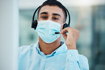 Image showing Covid face mask, businessman or call center computer in crm consulting, telemarketing or Indian customer support company. Contact us, consultant or communication worker on tech in covid 19 compliance