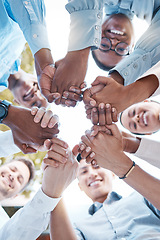 Image showing Low angle, business people and holding hands in support circle, community partnership or team building motivation. Smile, happy or teamwork diversity in trust, collaboration or growth mission success