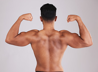 Image showing Fitness, back muscle flexing and man isolated on gray studio background. Wellness, sports and body builder showing off biceps during training, workout or exercise for body strength, energy or power.