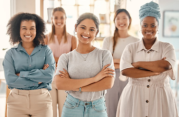 Image showing Women empowerment, business people portrait and diversity, collaboration and motivation, employee engagement and solidarity of office teamwork. Happy female group of staff in startup marketing agency