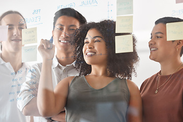 Image showing Business people, writing or sticky notes planning in teamwork collaboration, kpi strategy or company finance growth target. Smile, happy or worker diversity with schedule of global company brand goal