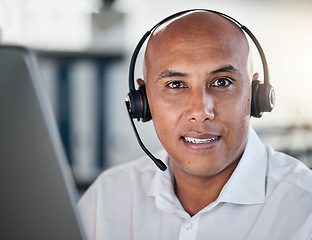 Image showing Telemarketing, face and portrait of man working in a call center as operator ready to give advice. Assistance, agent and headset with representative offering service, support and customer service