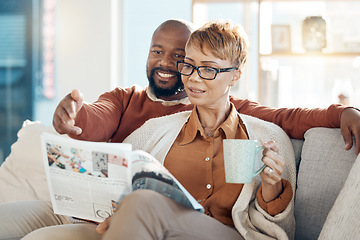 Image showing Couple, bonding or reading magazine on sofa in house or home living room for travel ideas, holiday planning or vacation location planning. Happy smile, mature black woman and man with books or coffee