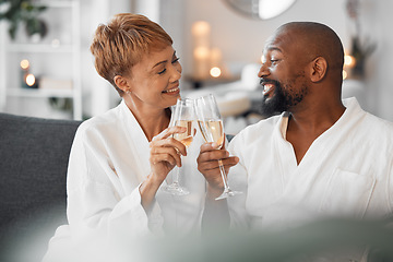 Image showing Spa, wine glass and couple toast for love celebration, self love and care together for anniversary holiday in luxury, hospitality industry. Black people with champagne drink celebrate wealth at hotel