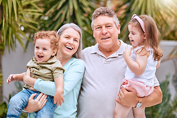 Image showing Grandparents, children and family, love and smile together in portrait, with elderly retired couple bonding and vacation in outdoor location. Retirement, happy and spending quality time in nature.