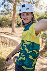 Image showing Cycling selfie, mountain bike travel and man taking phone picture while on bicycle journey for fitness, exercise or workout. Peace, freedom and training portrait of adventure cyclist in nature forest