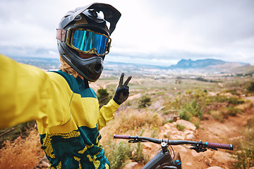 Image showing Cycling fitness, selfie and hand, peace and sign by cyclist riding along mountain, adventure and exercise. Nature, bike and picture by athletic man on solo journey, enjoy scenic view in South Africa