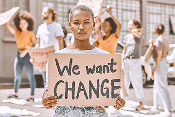 Image showing Black woman, protest group and sign about peace, justice and gender equality in SA for political leadership. Freedom, human rights and activist marching against climate change, racism and corruption