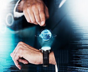 Image showing Businessman with earth hologram, future technology and time with space and digital overlay, computer software and 3d connect. Global futuristic tech, big data and metaverse, server and virtual world