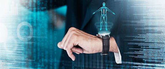 Image showing Digital innovation, businessman hologram watch and ai technology digital transformation. Abstract iot data futuristic dashboard design, ux research internet network and seo or nft website