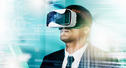 Image showing Futuristic businessman, vr and data hologram, innovation and technology in virtual cyber security office. Augmented reality, digital transformation and future vision, man in virtual reality headset.